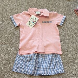 Boys Pink Polo Shirt and Blue Plaid Shorts Set